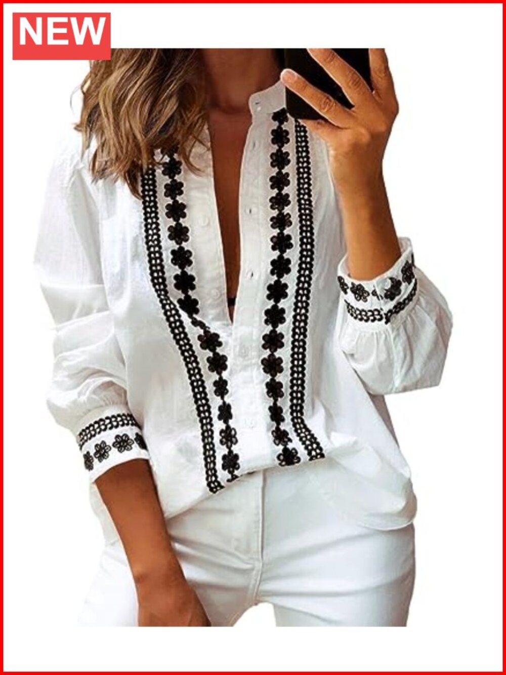 Lace Embroidered V-Neck Long Sleeve Button Blouse